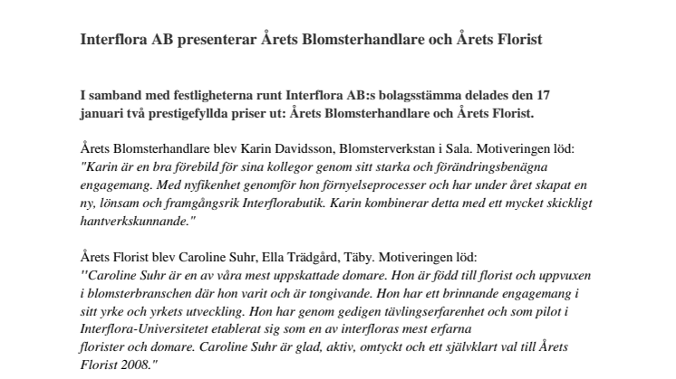 Interflora AB presenterar Årets Blomsterhandlare och Årets Florist