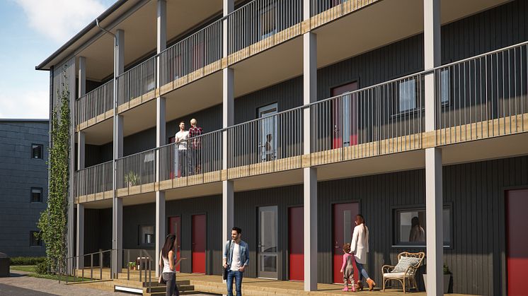 Illustration av entrésida med loftgångar och spontana mötesplatser, BoKlok Pilkvisten i Karlslund, Landskrona.
