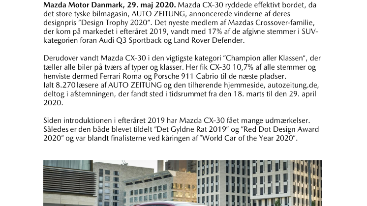 Mazda CX-30 vinder endnu en designpris
