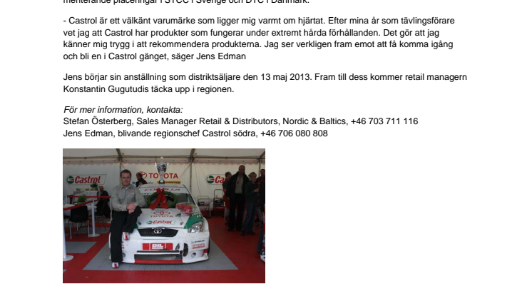 Castrol värvar Jens Edman