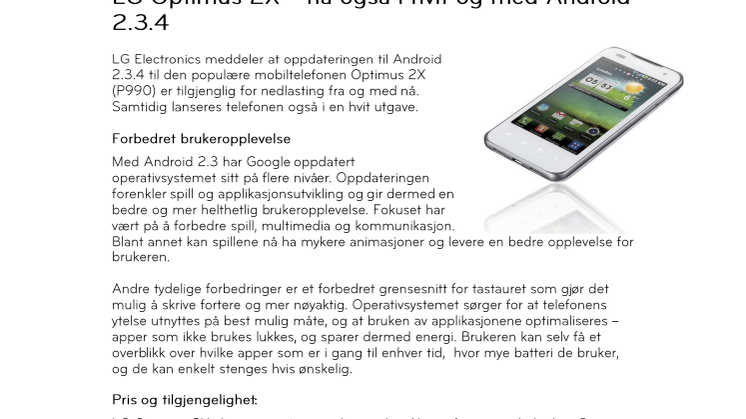 LG Optimus 2X – nå også i hvit og med Android 2.3.4