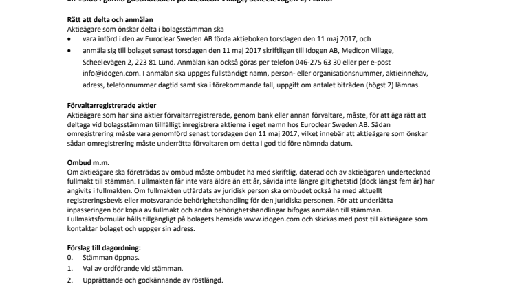 Kallelse till årsstämma i Idogen AB (publ)