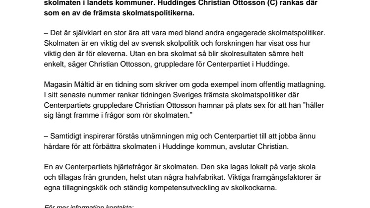 Christian Ottosson (C) rankad som en av de främsta skolmatspolitikerna