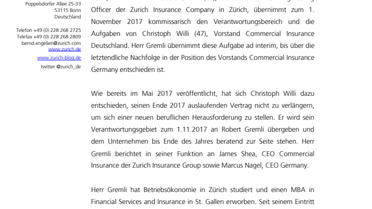 Robert Gremli leitet Zurich Unternehmensgeschäft in Deutschland ad interim