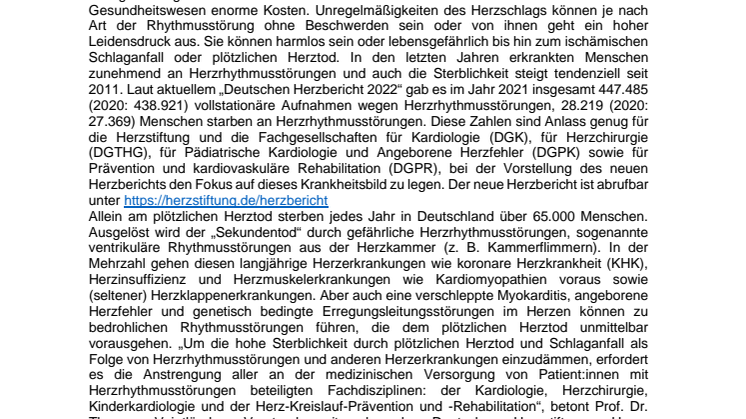 KURZVERSION: Gemeinsame Pressemeldung der Deutschen Herzstiftung und herzmedizinischen Fachgesellschaften zur PK-Herzbericht