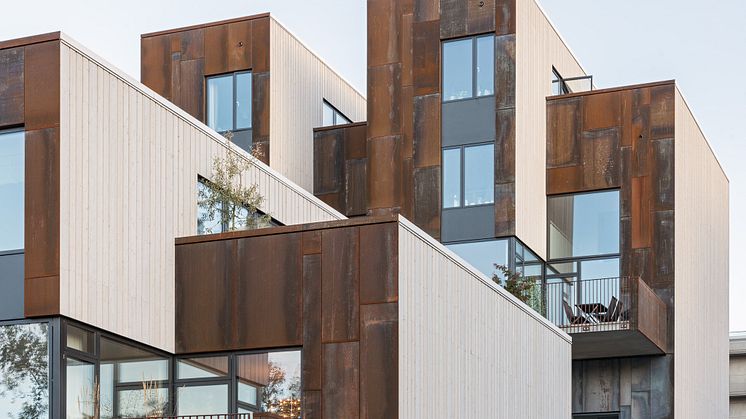 Fasad av Corten och trä, Zenhusen, Norra Djurgårdsstaden