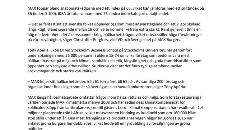 Svenska folket: MAX är den överlägset mest hållbara snabbmatskedjan
