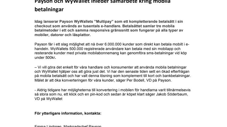 Payson och WyWallet inleder samarbete kring mobila betalningar