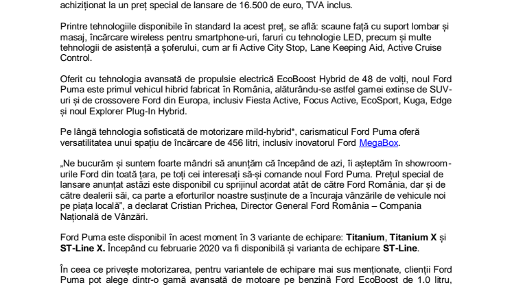 Noul Ford Puma- produs la Craiova- disponibil pentru România cu un preț special de lansare de 16.500 de euro