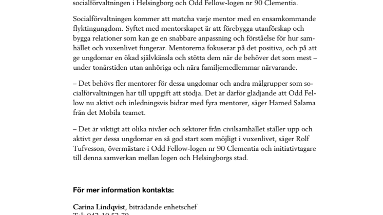Odd Fellow och socialförvaltningen i Helsingborg samverkar kring mentorer för ensamkommande flyktingungdomar