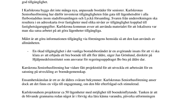 Projektstöd till Karlskrona Seniorhusförening