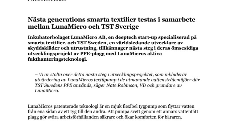 PM - Nästa generations smarta textilier testas i samarbete mellan LunaMicro och TST Sverige.pdf