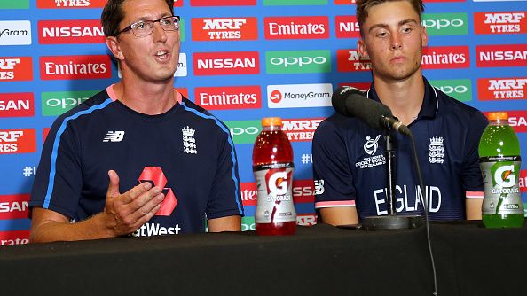 Jon Lewis faces the media with Will Jacks during the ICC Under-19 World Cup in New Zealand