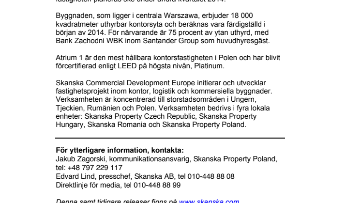 Skanska säljer kontorsfastigheten Atrium 1 i Warszawa, Polen, för cirka 808 miljoner kronor