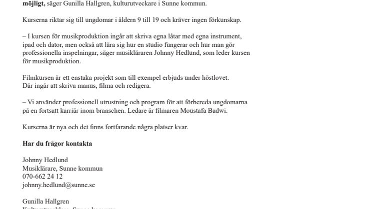 Musikproduktion och film nya kurser på kulturskolan i Sunne