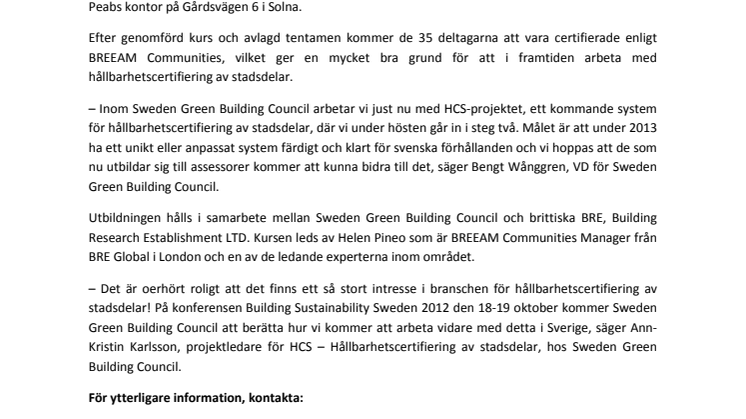 Sweden Green Building Council och Peab bjuder in till pressträff i samband med den första BREEAM Communities-utbildningen