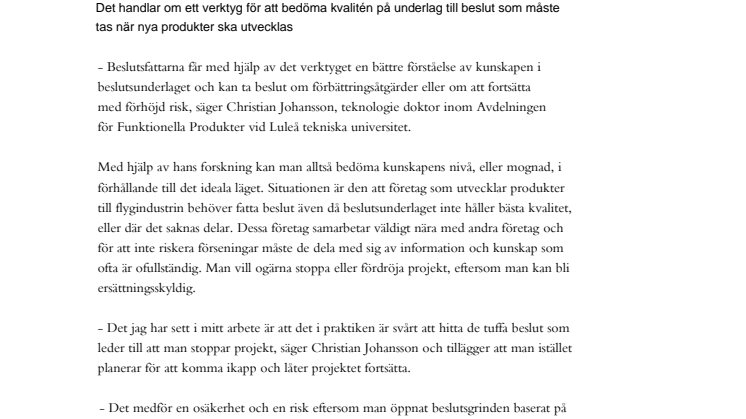 Stöd för säkrare produktbeslut i flygindustrin