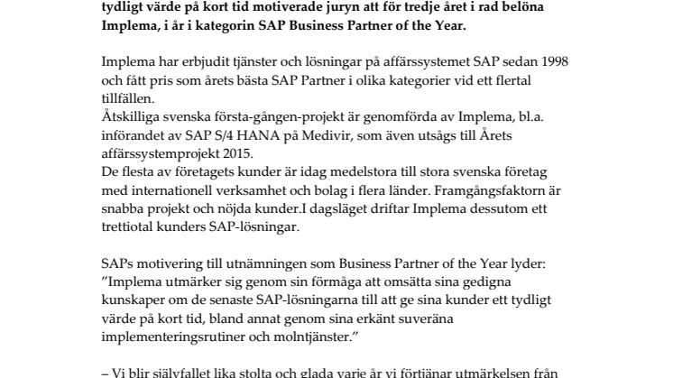 Implema utsedd till SAP Partner of the Year för tredje året i rad