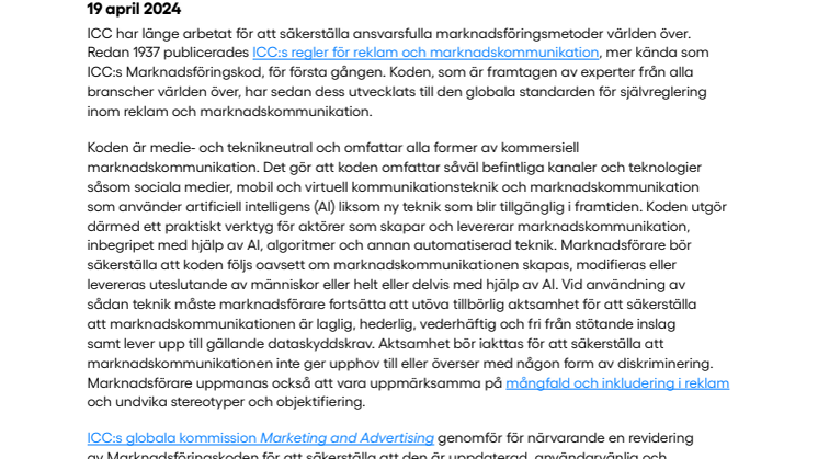 ICC:s yttrande kring användningen av AI i  reklam och marknadskommunikation