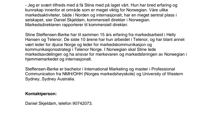 Stine Steffensen-Børke ny markedsdirektør i Norwegian