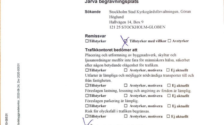 Bygglov för ceremonibyggnad -Trafikkontorets yttrande - sep 2020