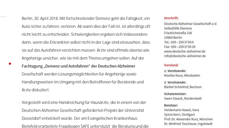 Autofahren bei Demenz? Fachtagung der Deutschen Alzheimer Gesellschaft informiert 