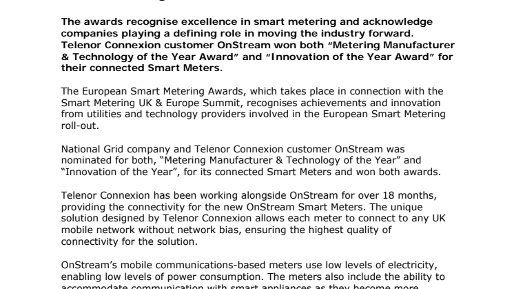 Telenor Connexion customer OnStream wins ”European Smart Metering Awards 2011” for its connected meters