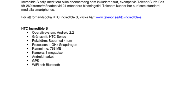 Start för förhandsbokning av HTC Incredible S hos Telenor