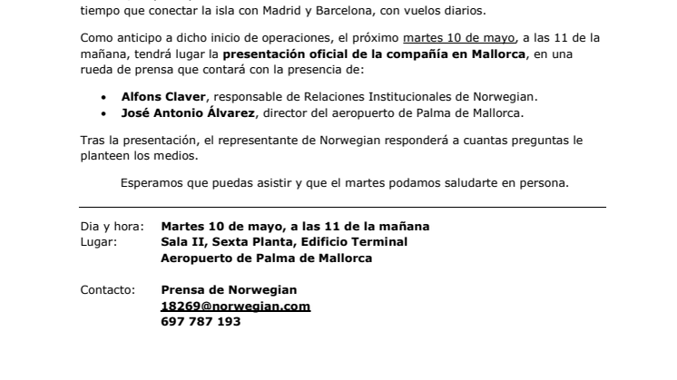 Descarga convocatoria: aeropuerto de Palma de Mallorca (martes 10 de mayo, 11 de la mañana).