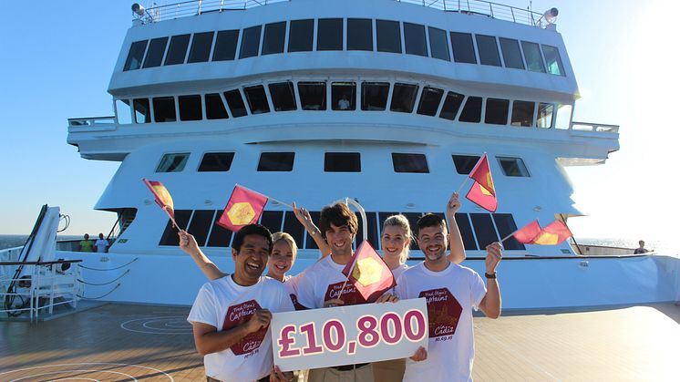 Crew from Fred. Olsen Cruise Lines' ship 'Braemar' celebrate raising £10,800 for the RNLI at the historic 'Captains in Cádiz' fleet gathering in Cádiz, Spain on 10th September 2018. 