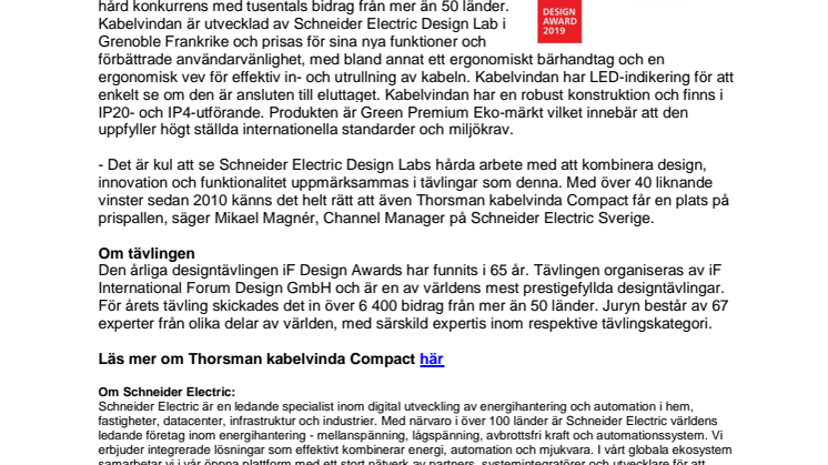   Schneider Electric vinner designpris för kabelvinda