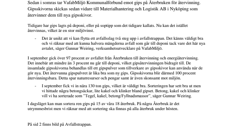Stor miljövinst när VafabMiljö tar emot gips för återvinning