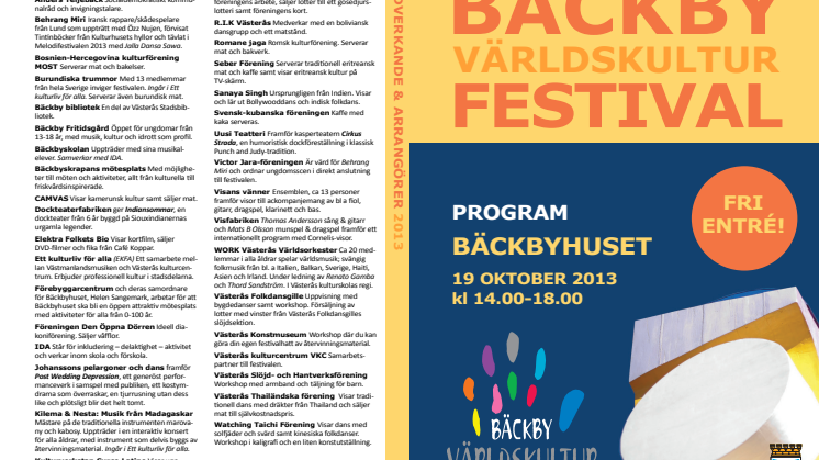 Program för Bäckby världskulturfestival 19 oktober 2013