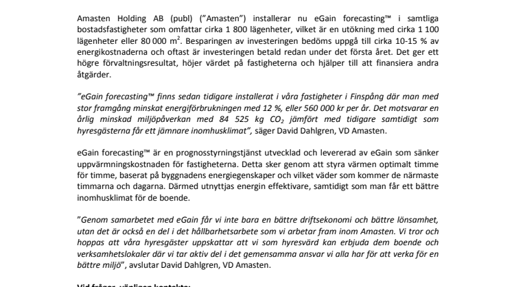 Amasten investerar i energibesparande åtgärder genom ett fördjupat samarbete med eGain Sweden AB