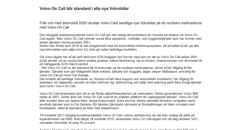 Volvo On Call blir standard i alla nya Volvobilar