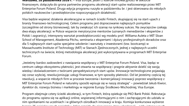 Visa partnerem programu akceleracji dla start-upów MIT Enterprise Forum Poland