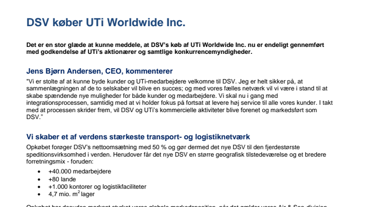DSV acquires UTi Worldwide Inc. 