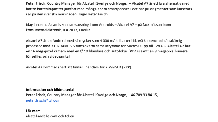 Kraftfulla Alcatel A7 lanseras i Sverige