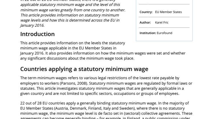 New Article: Statutory minimum wages in the EU 2016