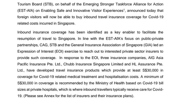 New insurance coverage for inbound travellers to cover  Covid-19 related costs in Singapore