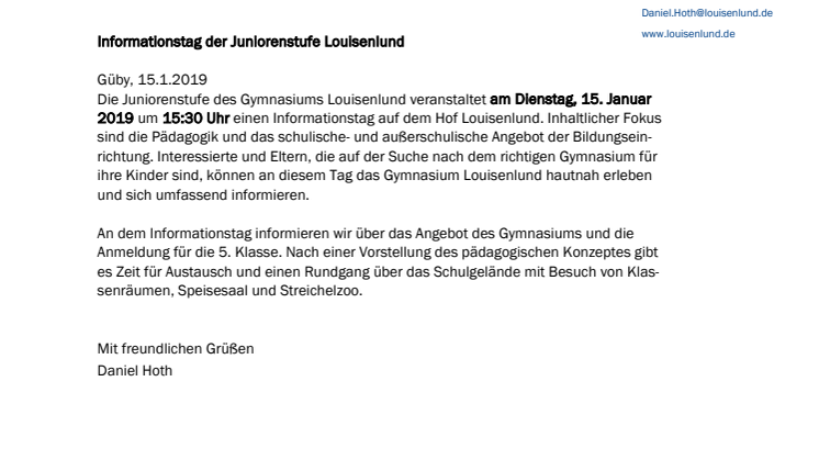 Pressemitteilung Informationstag Juniorenstufe Gymnasium Louisenlund Januar 2019