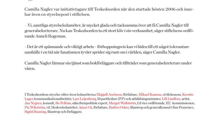 Camilla Nagler generalsekreterare för stiftelsen Teskedsorden