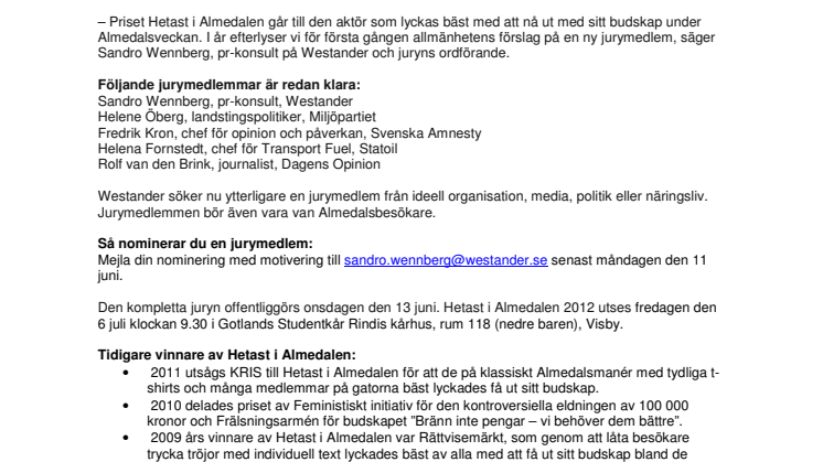 Nominera jurymedlem till Hetast i Almedalen