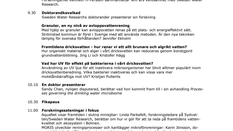 Program Sweden Water Research-dagen 30 november 2018