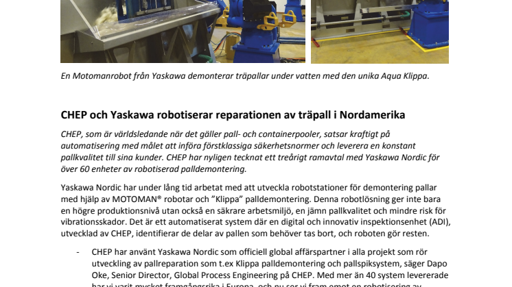 CHEP och Yaskawa robotiserar reparationen av träpall i Nordamerika