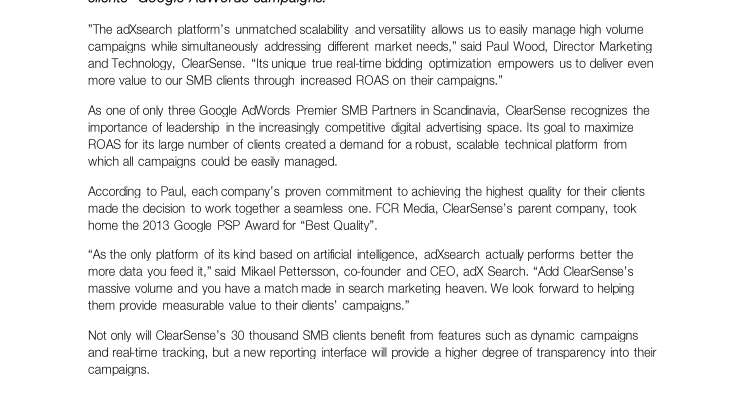 Sweden’s search advertising leaders, ClearSense and adX Search, partner to increase PPC profit for SMB clients 