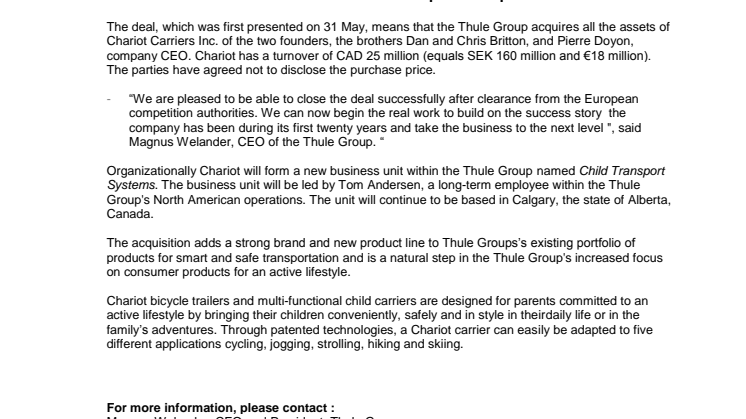 The deal is closed – Thule Group acquires Canadian Chariot Carriers Inc.