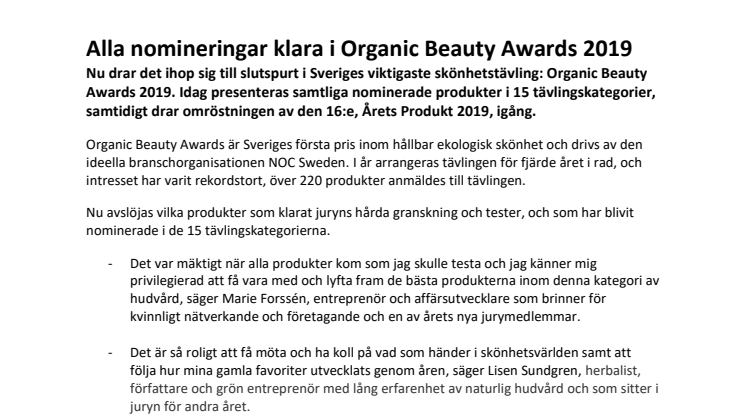 Alla nomineringar klara i Organic Beauty Awards 2019