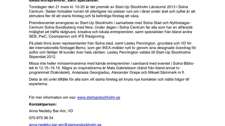 Start-Up Stockholm Länsturné 2013 har premiär i Solna Centrum!