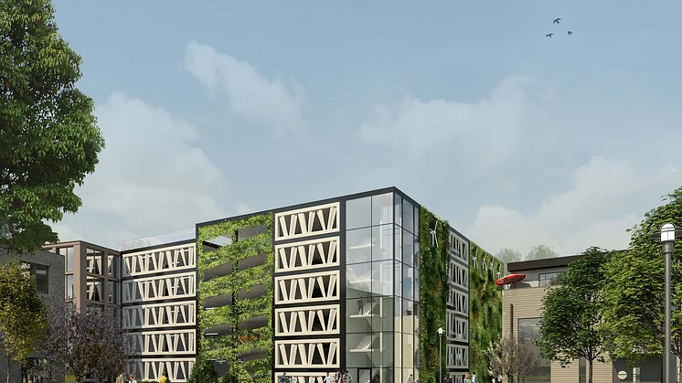 LKPs nya parkeringhus med fasad av återbrukade vindkraftsvingar. Visionsbilden är gjord av Lloyds arkitektkontor. 